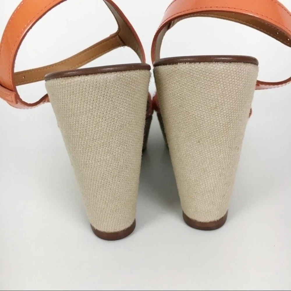 JCREW J CREW Size‎ 7 Orange Patent Leather Strappy Wedges Platform Heels Sandals